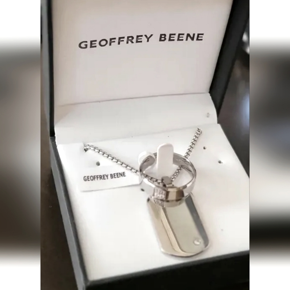 Geoffrey Beene Men Ring And Necklace set stainless steel, silver with zirconia